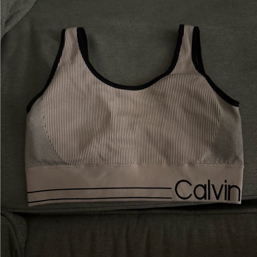 Calvin Klein Ribbed Sports Bra - Beige and Black